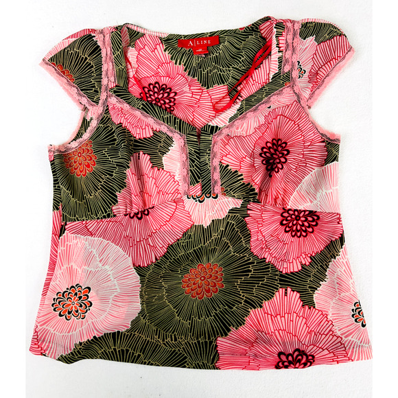 y2k A-line Floral Lace Trim Boho Top Pink Green Retro Indie Fairycore Shirt 12 - Picture 1 of 10